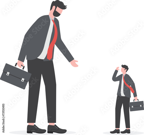 Big business competitor, career obstacle, conflict with boss, overcome difficulties in work or entrepreneur, SME, Small and Medium Enterprise concept, small guy businessman confront big competitor.