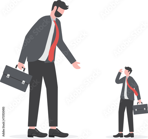 Big business competitor, career obstacle, conflict with boss, overcome difficulties in work or entrepreneur, SME, Small and Medium Enterprise concept, small guy businessman confront big competitor.

