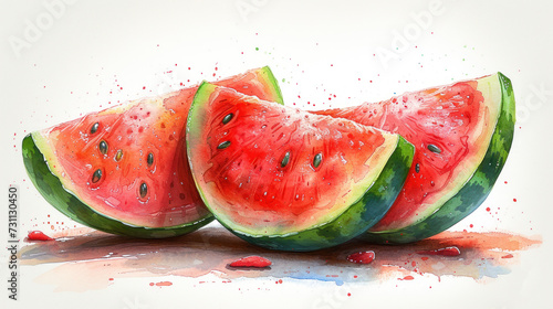 three slices of watermelon sitting on top of each other in the middle of a painting of watermelon slices. photo
