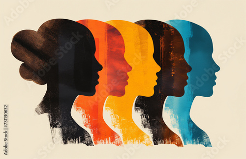 an illustration of many types of faces and people unified and looking to the future