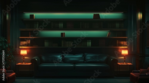 Interior of dark living room with couch, shelving units and glowing lamps © Emil