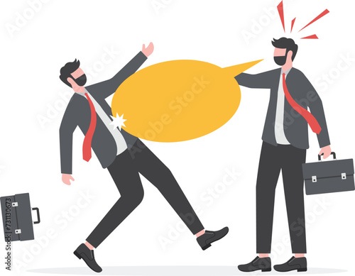 Hate speech, bullying, words or message that hurt people, aggressive management style, racism in workplace concept, bossy aggressive businessman shout with speech bubble to hurt coworker or colleague.