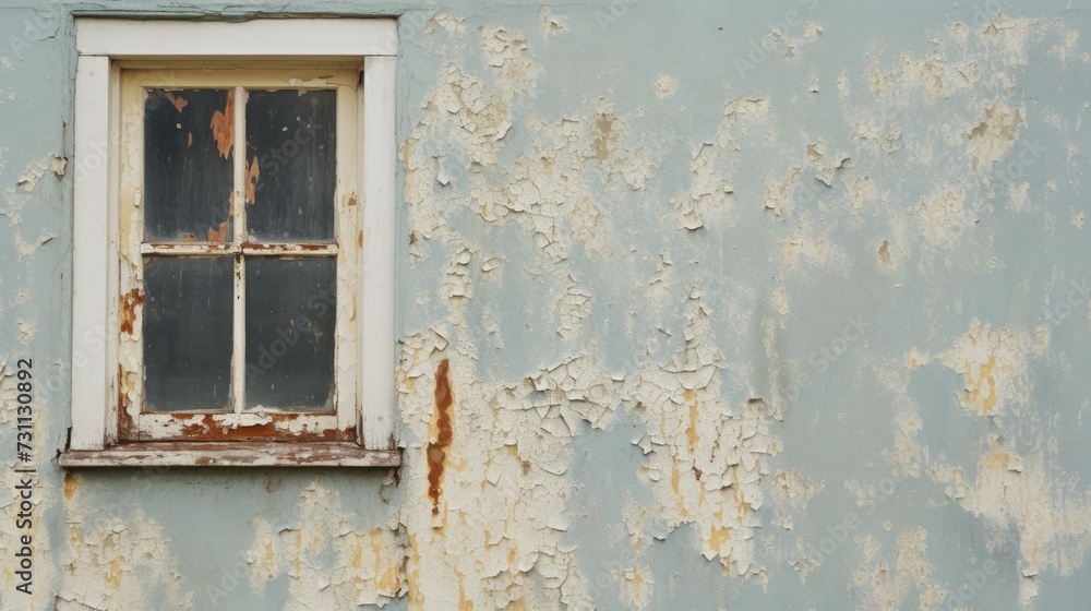 Peeling paint on the house wall near the window exhibits water stains. Peeling paint on the house wall near the window exhibits water stains.