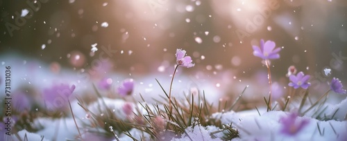spring color purple flowers in the snow Generative AI