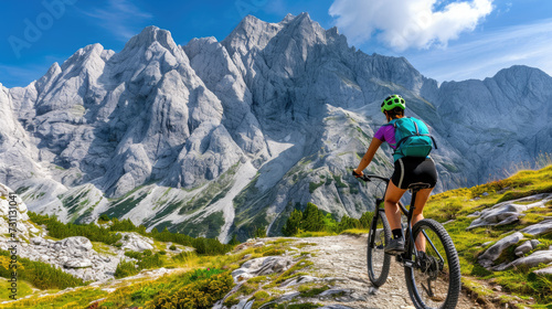 A woman travels on a bicycle against the backdrop of a beautiful mountain landscape.