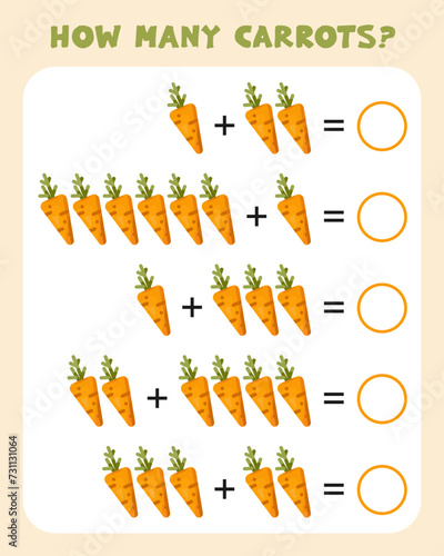 Сan you count how many carrots? Educational worksheet for kids. Mathematics game  for children. Learning counting, addition. Flat Vector Illustration