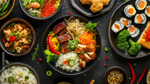 Top view composition of various Asian food in bow