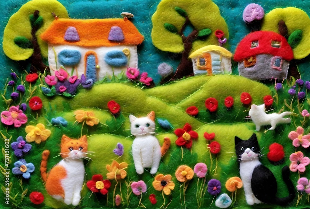 view of a meadow with cats playing in front of the house  Among the flowers and trees, felt art