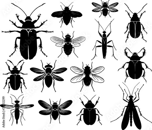 Collection of bug silhouettes in black and white. AI generated illustration. © Or