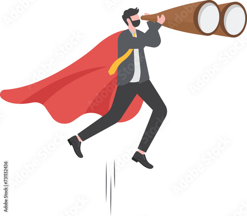Career opportunity, investment or business vision, future forecast or discover new idea and inspiration concept, business supermen flying with binoculars to see opportunity.

