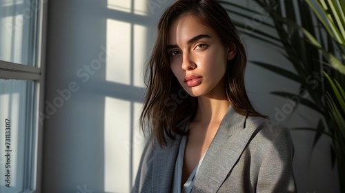 A dark brown-haired businesswoman wearing a grey blazer looking forward to the camera against the background of a sunlit minimalist room. Created with Generative AI.