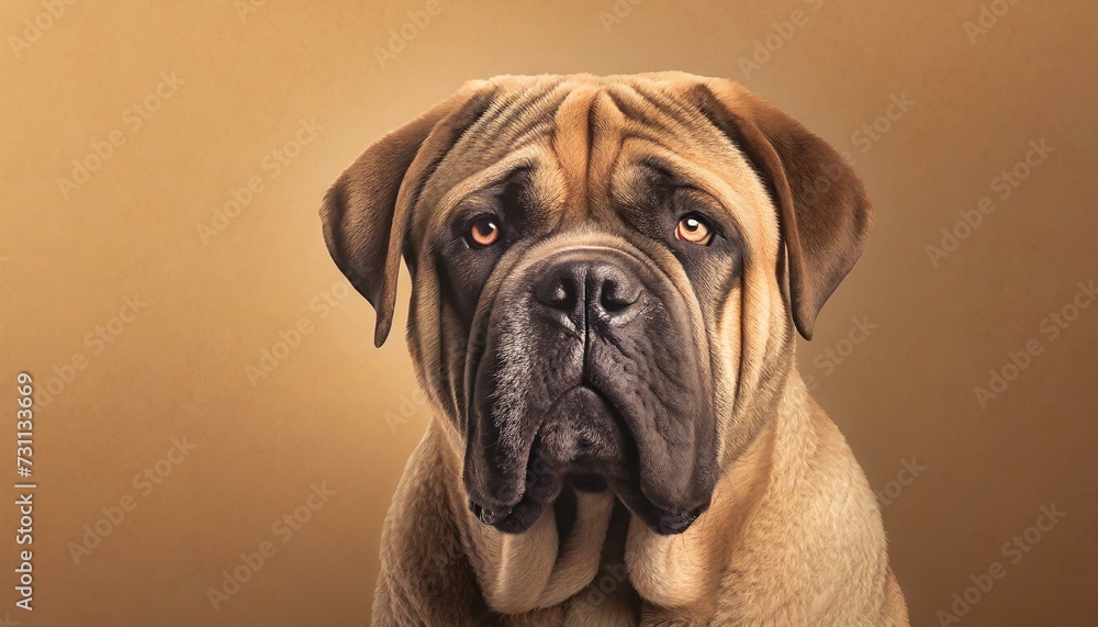 English Mastiff dog portrait closeup on brownstudio wall background