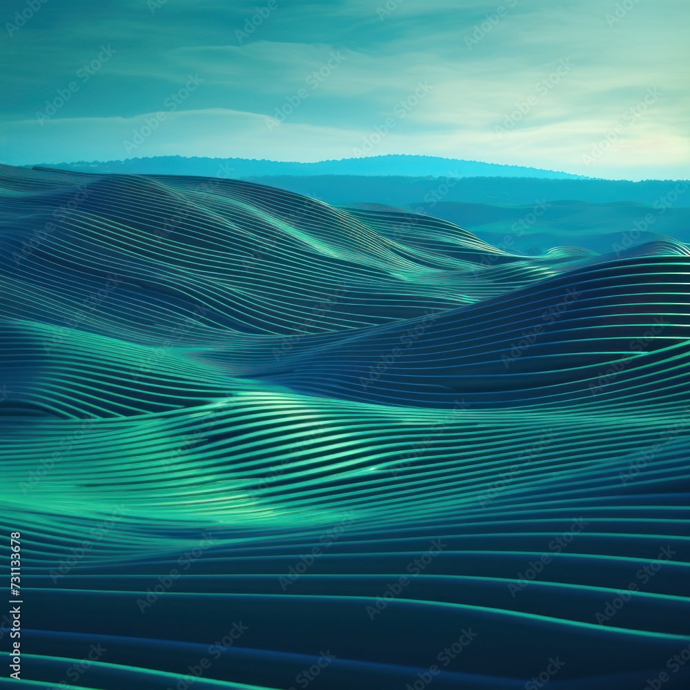 cyan blue wavy lines field landscape
