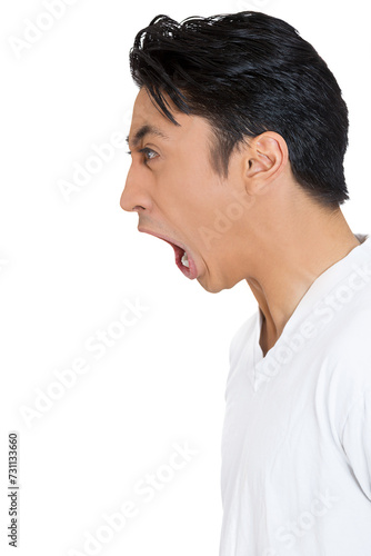 Closeup side view profile portrait of angry guy, upset young man, mad worker, furious employee, hostile business man, yelling, isolated on white background. 
