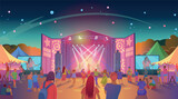 Open air music festival. Music Stages, vector illustration of a crowd of fans waving their arms, dancing, shooting video on their phone. Bright illustration, hand draw, objects grouped and layered.