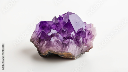 Purple amethyst crystal cluster on a white background