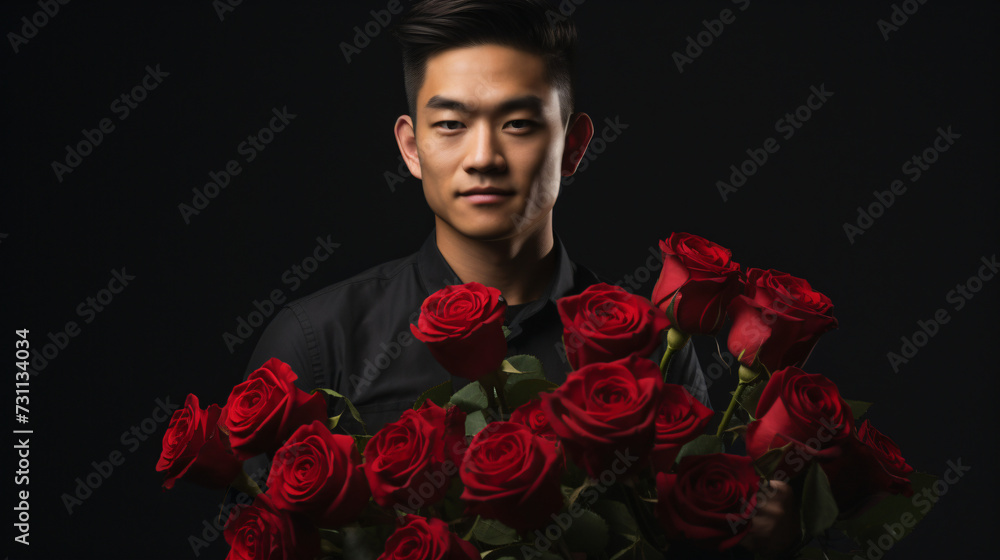 asian man with a big bouquet of roses asian man with a big bouquet of roses