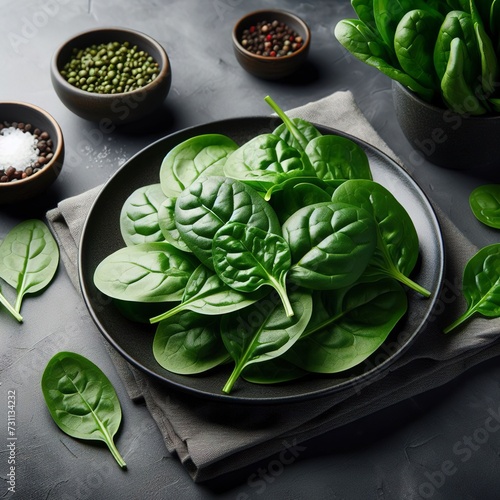 Spinach green fresh leaves on a black plate. Gray background  copy space