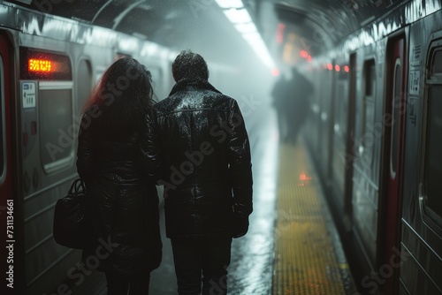 Two commuters huddled together on a bustling subway platform, their jackets providing little protection against the chilly night air as they wait for their train to whisk them away from the busy city photo