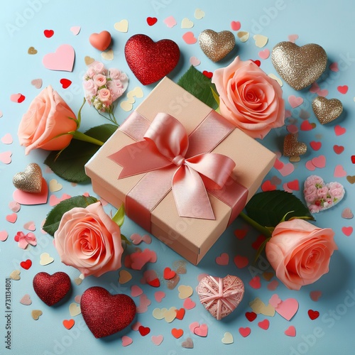 Valentine day composition, Greeting gift box with confetti hearts and roses on blue background