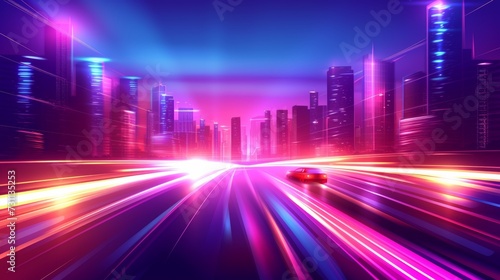 Luminous cityscape with futuristic buildings, dynamic streets, and dazzling light trails
