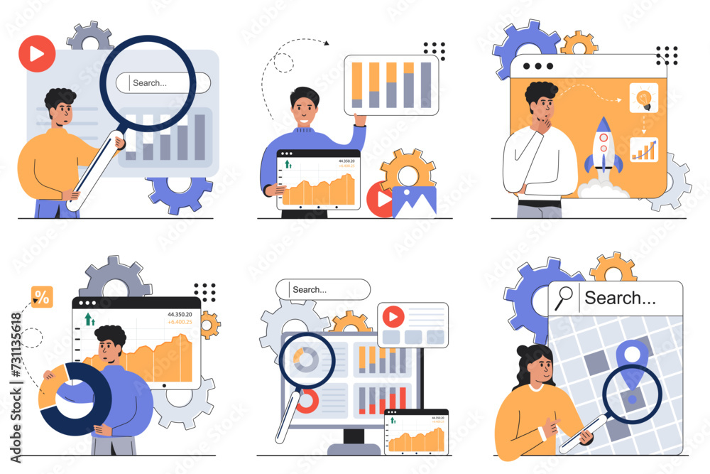  SEO scene set. Mega collections. Local SEO business, local SEO marketing. SEO performance, SEO targeting, SEO optimization, SEO analysis. Vector illustration