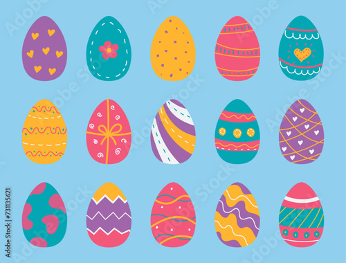 Set of beautiful multicolor Easter holiday egg. Egg hunting decoration isolated objects with painted pattern.