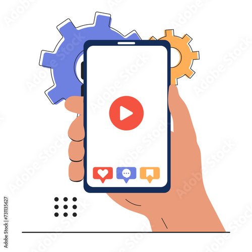 Character hand is holding the phone. haracter analyzes the number of new followers, likes and saves. Vector illustration
