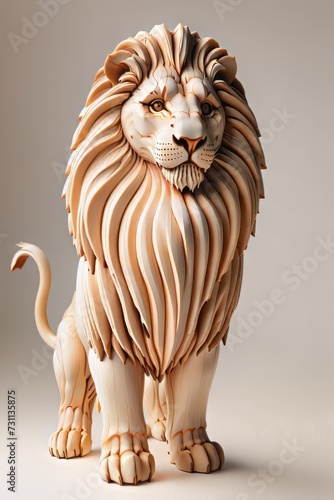 Fantastic Wooden Creatures Series - Carved Wooden Lion Sculpture on neutral background