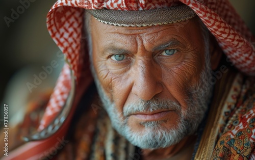 A wise and weathered man gazes confidently at the viewer, his face adorned with a thick beard and colorful headdress, symbolizing his strength, culture, and experience