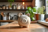 Piggy Bank Sitting on Top of Wooden Counter in a kitchen interior