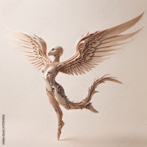 Fantastic Wooden Creatures Series - Carved Wooden Angel Sculpture on neutral background