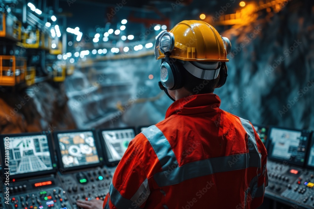 Man in Hard Hat and Safety Gear in Control Room Man in Hard Hat and Safety Gear in Control Room