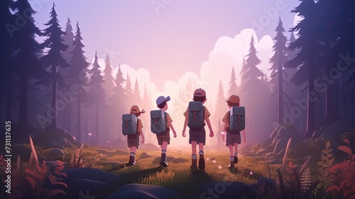 children Scouts walking in the forest