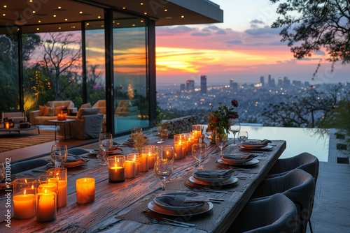 A rustic table adorned with flickering candles sits under the colorful sky, surrounded by towering trees, creating the perfect outdoor dining setting to witness the mesmerizing sunrise or sunset