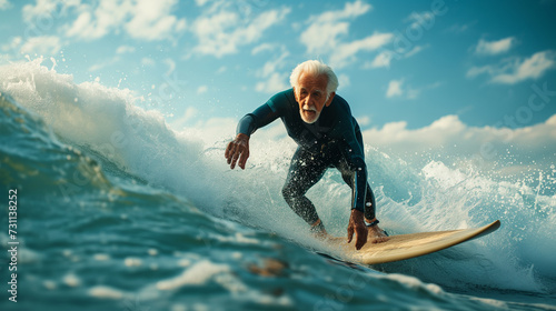Grandpa surfing the waves on a surfboard while on vacation. Retired but still having fun concept. photo