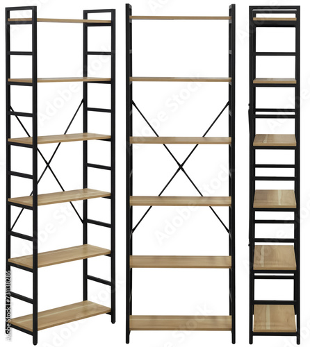 Stylish and modern shelving with wooden shelves for home or office. Isolated from the background. Interior element. From different angles