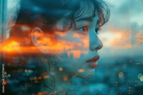 A woman's face is beautifully captured in a painted portrait, gazing at the sunset with a sense of wonder and tranquility