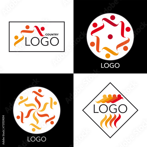 4 styles de logo, 2 ronds, un carré et un rectangle, avec des personnages stylisés en mouvement.