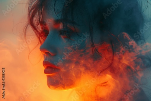 Caught in a hazy moment, a woman's face is veiled in swirling smoke as she stands outdoors, her portrait a reflection of the mysterious depths within