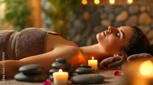 A woman enjoying a peaceful hot stone massage at the spa, surrounded by warm towels and aromatic essential oils photo