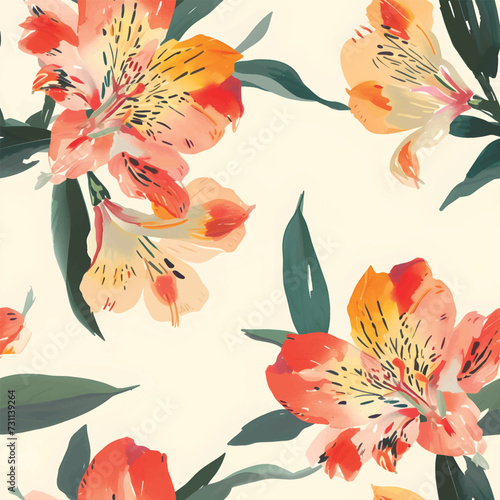 Vector seamless pattern with orange or Peruvian Lily flowers. Floral background, wallpaper.