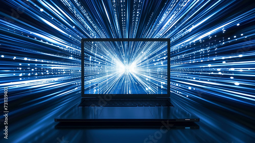 Image of a blue light emitting from a futuristic laptop on a desk High speed internet, faster than light Futuristic concept