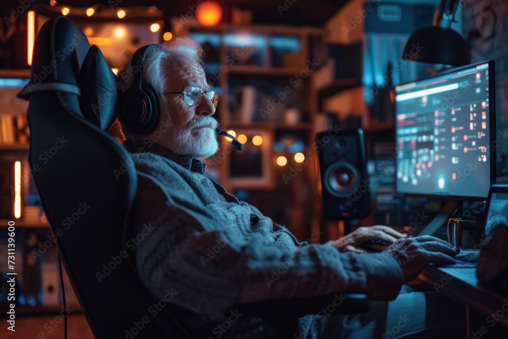 Man Sitting at Computer With Headphones On
