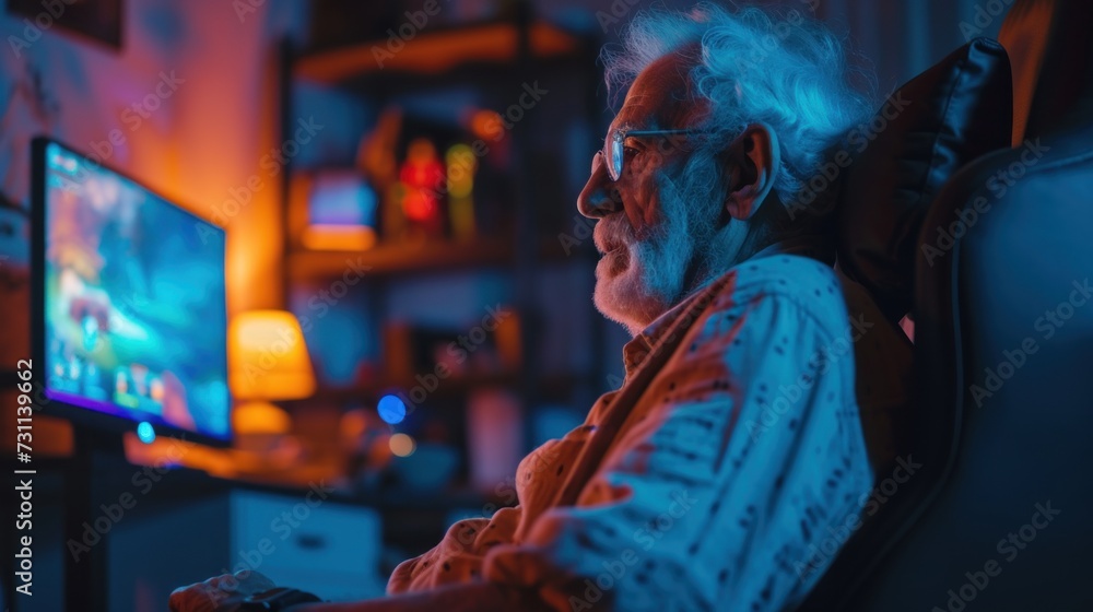 Obraz premium Elderly Man Playing Video Game in Chair