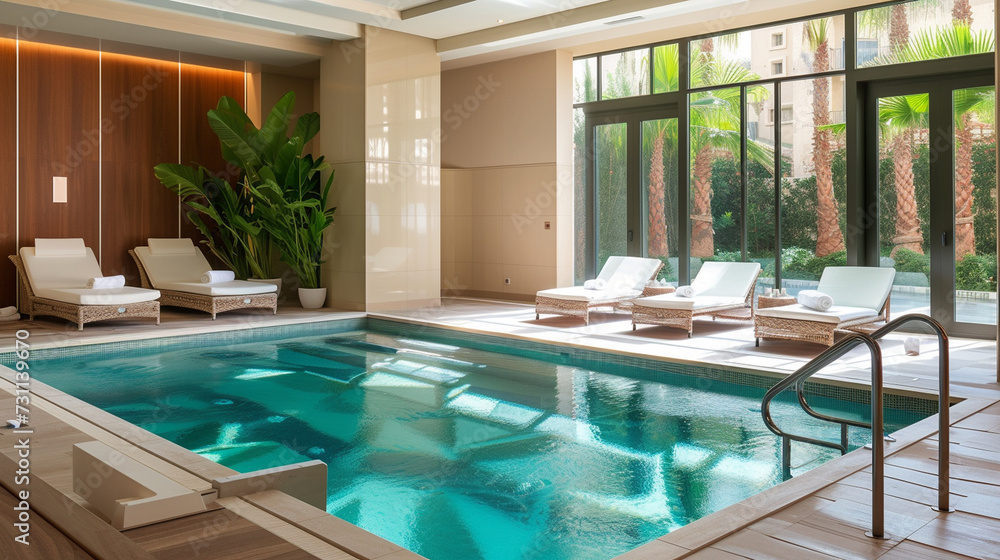 A tranquil spa pool with crystal clear water, inviting guests to unwind in a serene aquatic environment