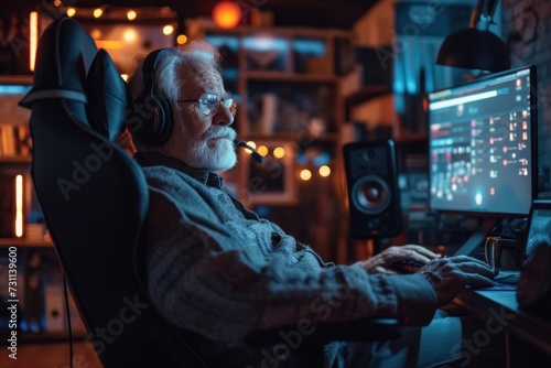 Man Sitting at Computer With Headphones On © lublubachka