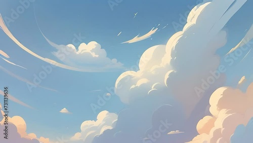 Illustrated sky with fluffy clouds and a crescent moon. photo