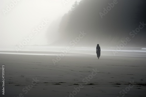 Silhouette of a lone woman figure disappearing into the mist on an empty beach