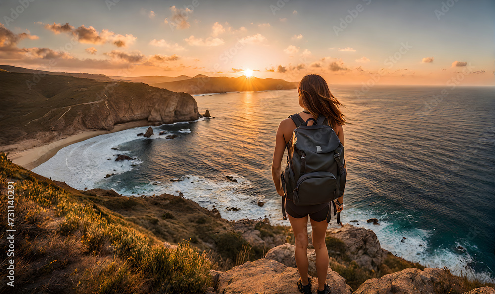 Girl with backpack standing atop a cliff overlooking a vast ocean captured